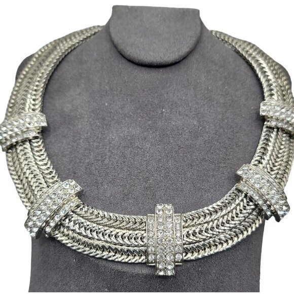 Silver Tone Mesh Collar Necklace Rhinestone Studded Woven 18" Chain - Picture 1 of 15